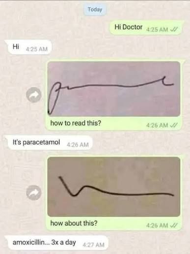 meme doctor-patient chat on WhatsApp: patient can't read the doctor's handwriting
